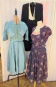 A selection of 1940's vintage dresses to include navy blue printed with pink bouquets of flowers and