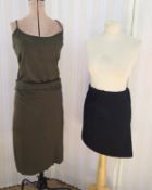 Brown viscose suit labelled Ozbek, skirt and body, an Ozbek short mini skirt, a Krizia knitted