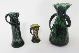 Baron Barnstaple green glazed Art Nouveau-style baluster vase, with frilled rim, incised with fish