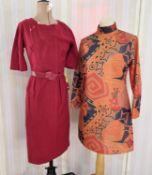 Various early 1970's dresses, to include a mini dress, viscose, in orange with bold design of stars,