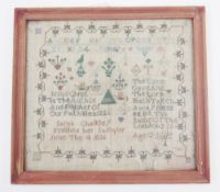 19th century embroidered sampler on linen with alphabet, numbers, verses, birds, ships and