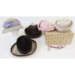 Quantity of vintage hats, to include a net and feathered cap labelled Lady Fashion, a black velvet
