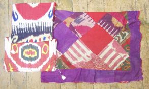 IKAT - two cushion covers, one linen 35 x 65 cm, and one silk 40 x 53 cm, with a vintage patchwork