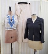 Max Mara black and white small check jacket with half belt, a pink romper suit with belt,