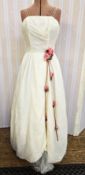 White ballgown/prom dress, full skirted with stiff neck petticoats, spaghetti straps, draped