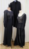 A black crepe maxi dress, with white polkadot chiffon design to the bodice and batwing sleeves, yoke