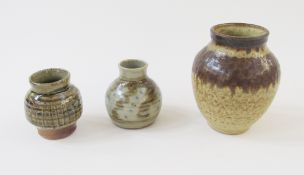 Colin Kellam (Shinners Bridge Pottery) stoneware ash glazed vase, with incised hatched bands,