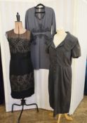 Black chiffon and lace cocktail dress, the panels of lace overlaid on cream, cummerbund-style