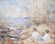 May Hutchinson, oil on canvas, Children seated beside trees at lakeside edge, signed lower left,