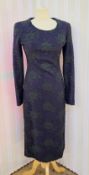 Alexander McQueen, black lace full length dress over navy satin, slim fitting, long slim sleeves,