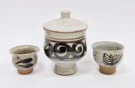 Thomas Plowman (b.1934) for Stalham Pottery, a lidded and footed stoneware pot with iron-rich blue
