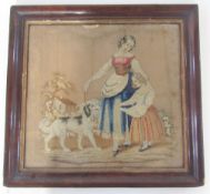 V 19th century woolwork embroidered picture, girls with dog, cottage and mountain in background,