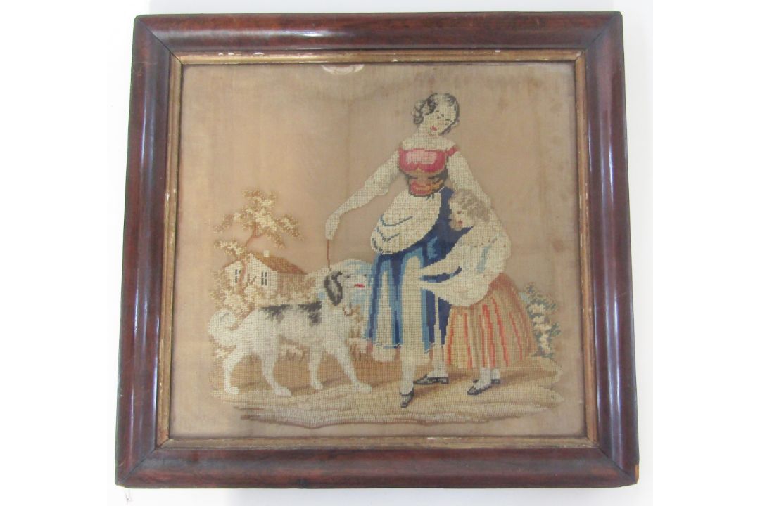 V 19th century woolwork embroidered picture, girls with dog, cottage and mountain in background, - Image 1 of 2