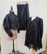Victorian black satin blouse with puffed sleeves, velvet and bead horizontal decoration with a