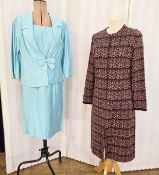Carnegie turquoise jacket and dress, size 14, embroidered with small white beads, bow fastening to
