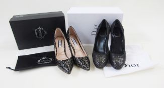 Pair of Christian Dior black leather shoes with threaded leather detail, platform soles, round toes,
