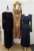A bronze coloured raw silk full length evening dress, with draped bodice, strapless, with a matching