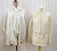 A Victorian silk and lace blouse/possible bed jacket, lined in wool, pintuck detail to the