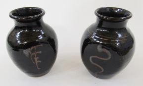 Two Winchcombe Pottery stoneware compressed oviform vases by Eddie Hopkins (1941-2007), brushed in