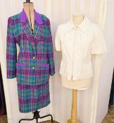 Louis Feraud, a purple and turquoise check suit, the jacket with two glitzy button fastening with
