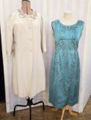 Turquoise satin cocktail dress, heavily embellished with a floral design of flowers, bugle beads and