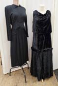1930's/40's black vintage dress, shirt collar, padded shoulders, pleated front panels to the