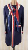 A blue linen coat and matching dress labelled Mornessa, the coat trimmed with red, white and blue