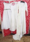 1950's wedding dress, nylon, lace, sleeveless, with a full net skirt and lace panels, a cream