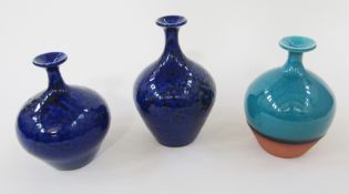 Three studio pottery vases by Russell Akerman, comprising an earthenware turquoise crackle glazed