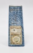 Anne Jones for Troika Pottery, a coffin vase of square tapered form, with low relief and incised