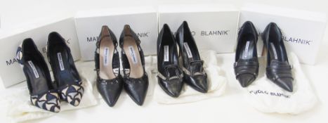 Manolo Blahnik shoes, four pairs, to include black size 39.5 with a buckle style front flap and