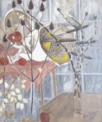 Helen Trevelyan, oil and gouache on board, Dried thistles, Honesty and other dried flowers in