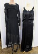 1930's - a black lace and crepe dress, lace panels, ruched bodice, full length sleeves, damage to