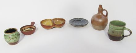 Group of Winchcombe Pottery, comprising: a double compartment serving dish in pale ochre and brown