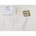 Embroidered nightdress cases, lace collars, four large faux pearl dress embellishments and part of a