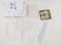Embroidered nightdress cases, lace collars, four large faux pearl dress embellishments and part of a