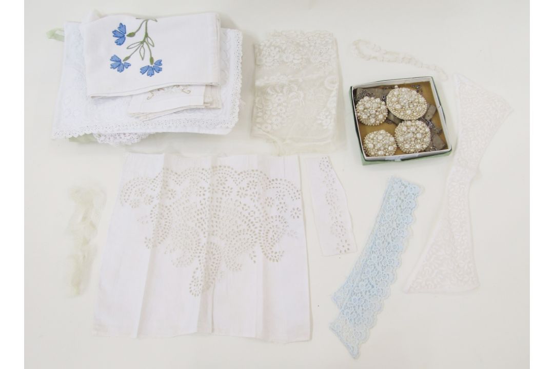 Embroidered nightdress cases, lace collars, four large faux pearl dress embellishments and part of a - Image 1 of 2