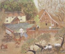 Helen Trevelyan, pair paintings on cork, Summer and winter scenes of house with walled garden,