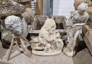 V A cast concrete garden gnome on a motorcycle (62cm H), a cast hollow bust of a man on a wooden