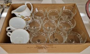 Nine French Luminarc champagne coupes, together with four Royal Worcester Evesham cups and a milk