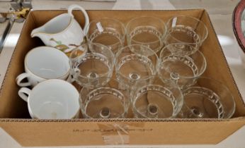 Nine French Luminarc champagne coupes, together with four Royal Worcester Evesham cups and a milk