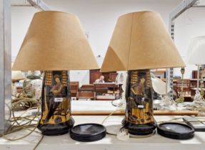 Pair of early 20th century pottery table lamps in the Royal Doulton Seriesware style, decorated with