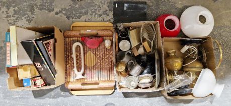 Mixed lot of collectables, including silver plate, brassware, pewter, two brass oil lamps with three