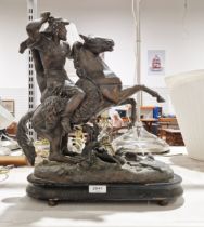 19th century spelter model of a warrior on horseback, 41cm high
