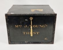 19th-century japanned document box, marked to lid 'Mrs J Young's trust', twin loop handles, with