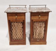 Pair of 19th century mahogany side cabinets, the marble tops with rear brass gallery rails, each
