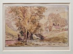 David Cox (1783-1859) Chalk and watercolour on paper Pastoral scene with buildings and figures in