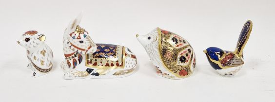 Royal Crown Derby bone china imari animal paperweights, comprising: a recumbent donkey, a