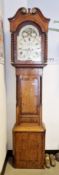 19th-century oak and walnut 8-day longcase clock, the hood with swan neck pediment and twisted
