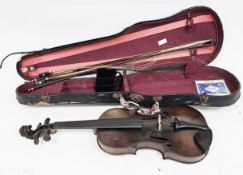 V Antique German violin with carved lion mask scroll and one piece back, 60cm long together with a